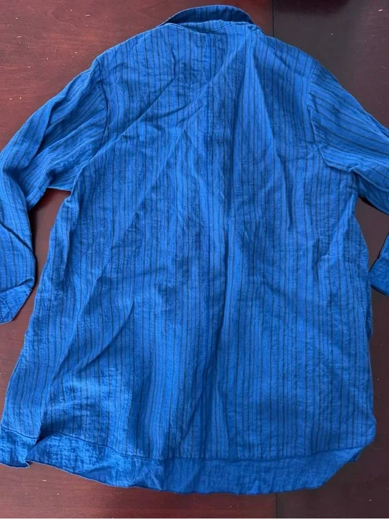 HABITAT Blue Striped Crinkle Cotton Linen Shirt Lagenlook Artsy Eclectic Boho - Picture 5 of 5